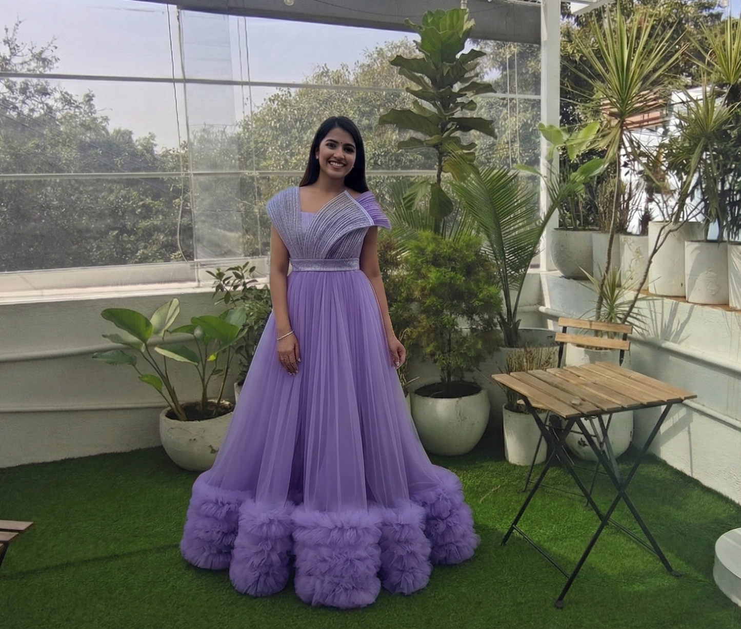 PURPLE FULL LENGTH PUFF PIECE WITH RUFFLE BORDER