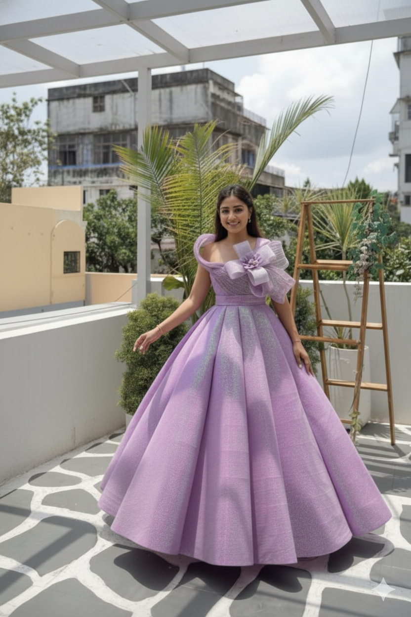 PURPLE ONE SHOULDER SCALLOP WITH EXTRAVAGANT SEQUINS FLOWER