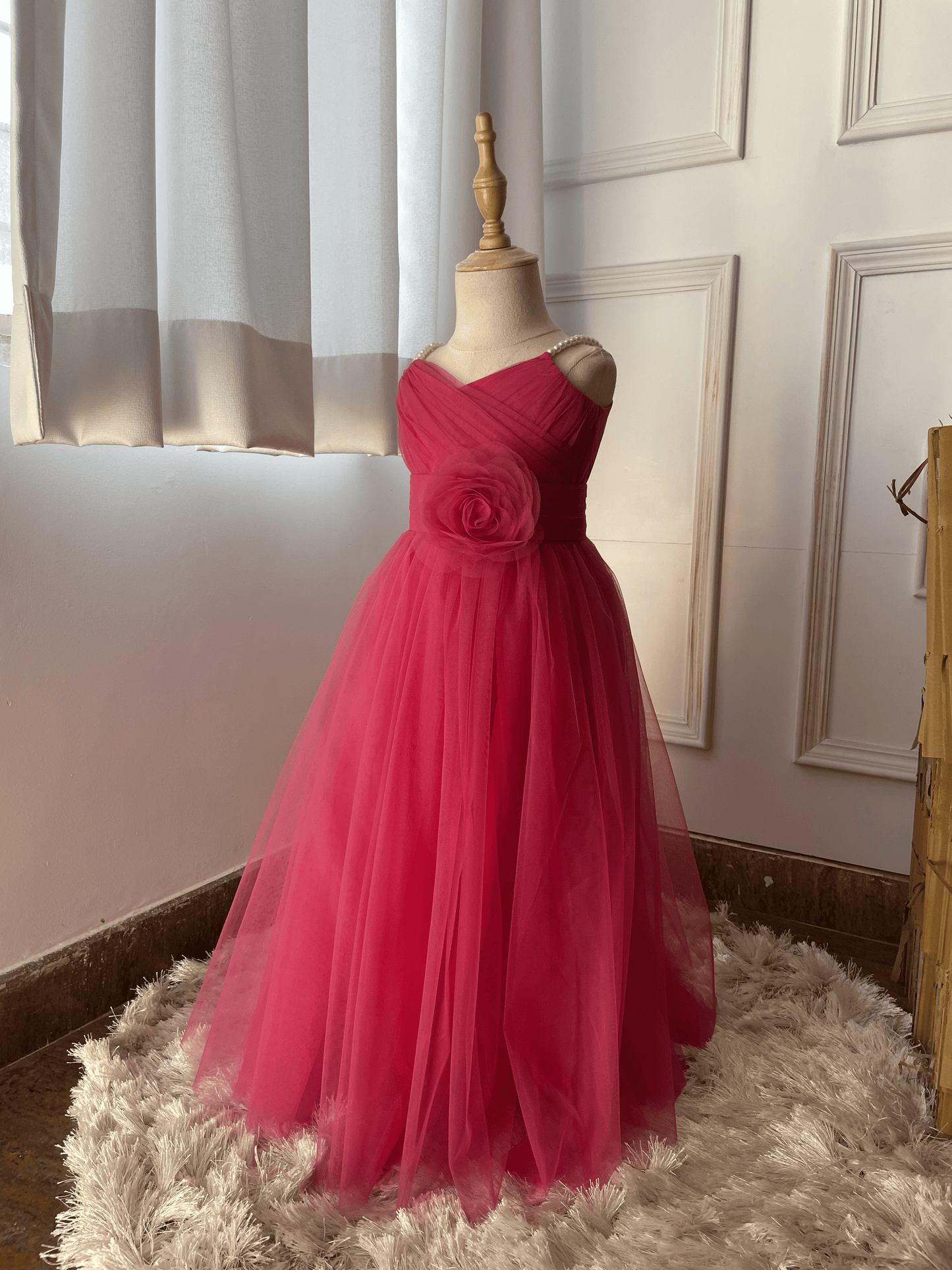 FULL LENGTH NET GOWN WITH ROSE BELT AND PEARLS STRAPS