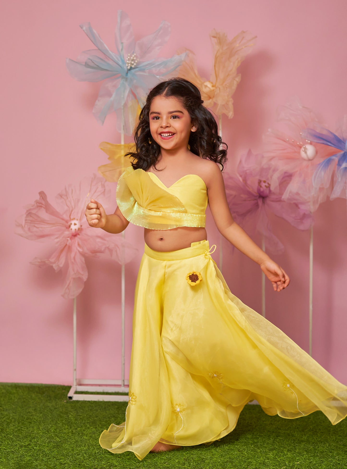 YELLOW DRAPED BLOUSE WITH PALAZZO AND SUNFLOWER HANGINGS