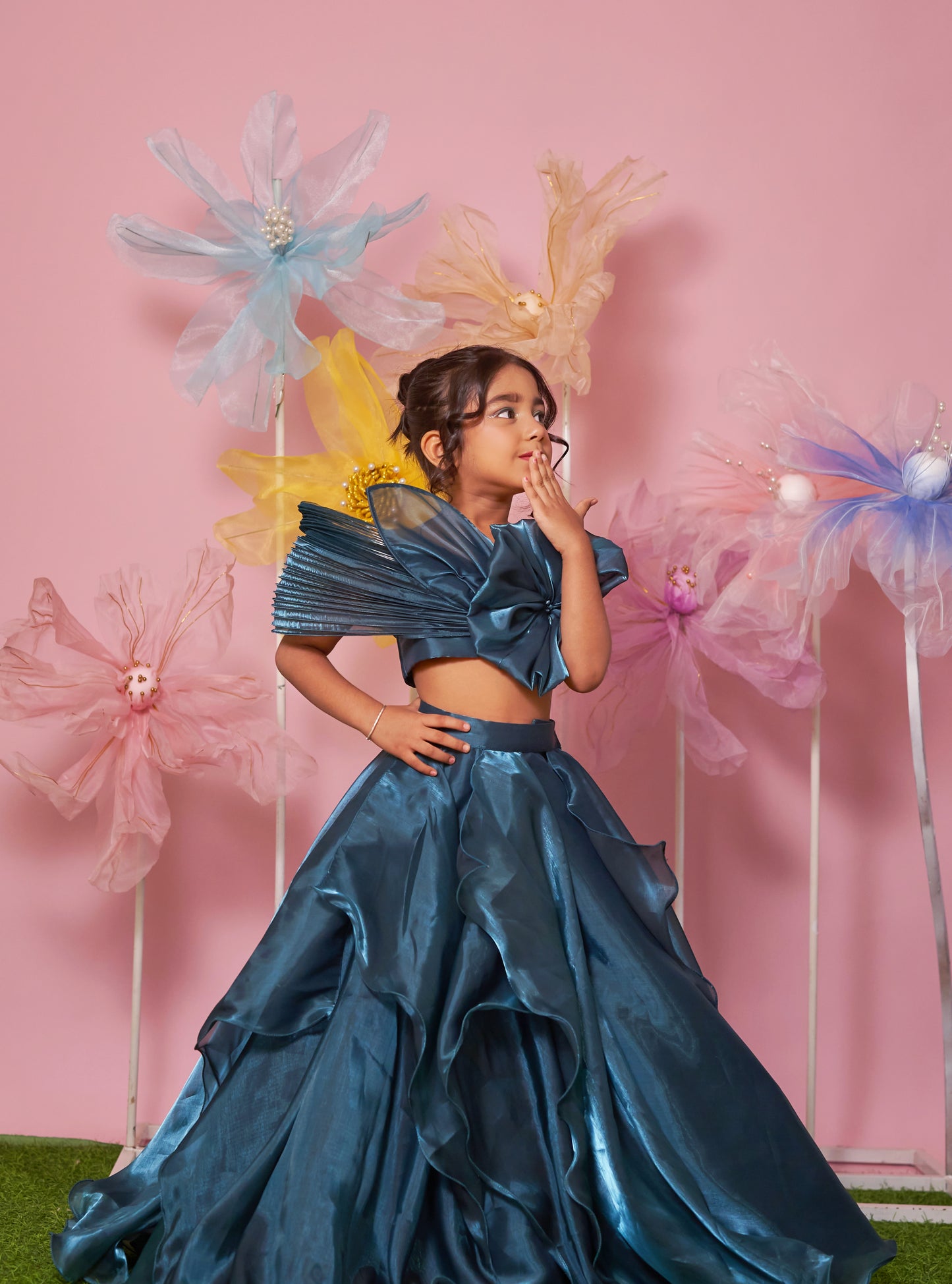 TEAL BLUE PICO SKIRT WITH PETAL AND FLOWER