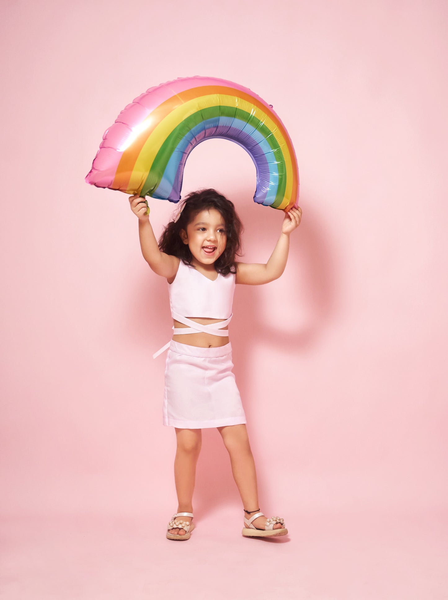 QUARTER-LENGTH PUFF SLEEVES ORGANZA DRESS WITH RAINBOW PATCHWORK AND CRISS-CROSS TUBE INNER