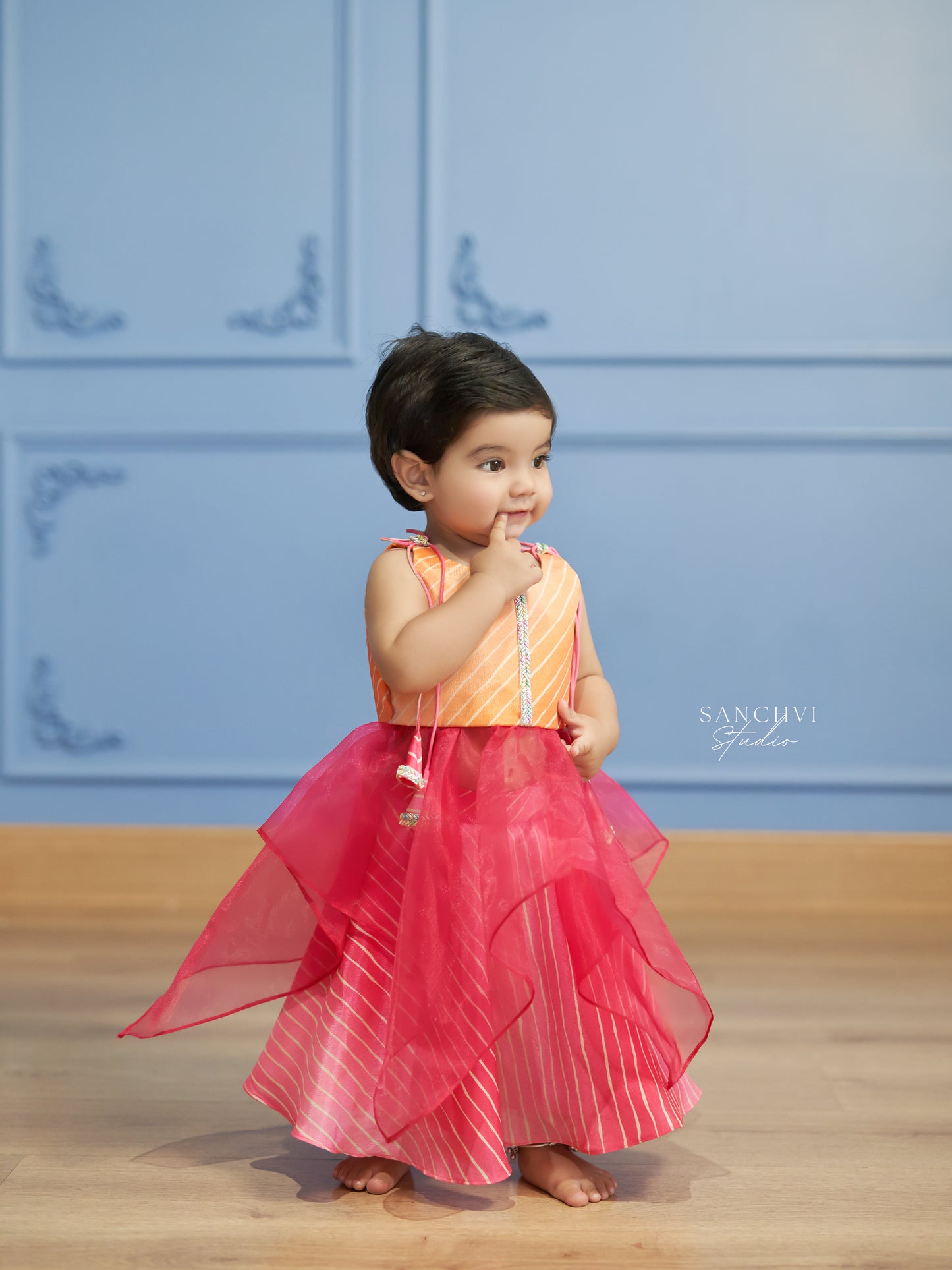 Pink & Orange Layered Leheriya Frock