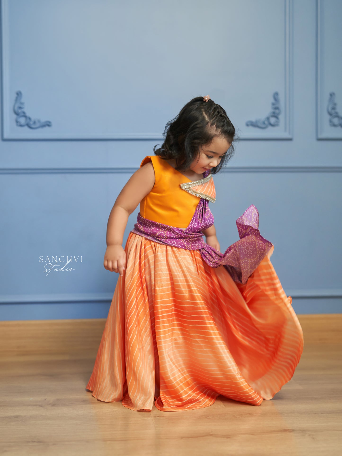 Yellow Top with Orange Skirt and Purple Drape