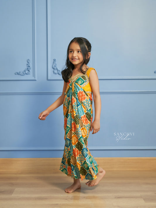 Teal & Orange Traditional Print Party Dress