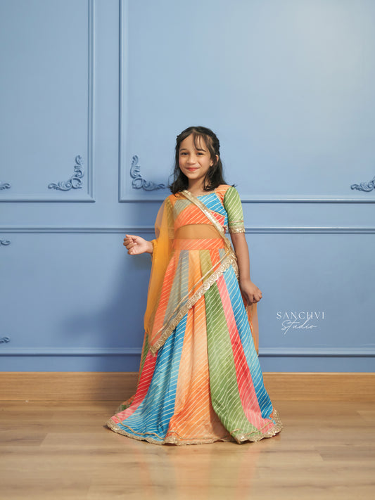 Traditional Rainbow Print Lehenga with Net Dupatta