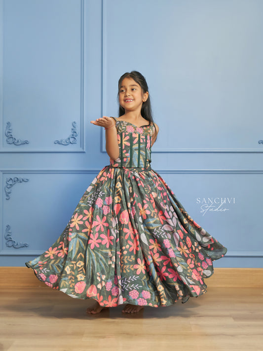 Floral Print Festive Long Frock for Girls