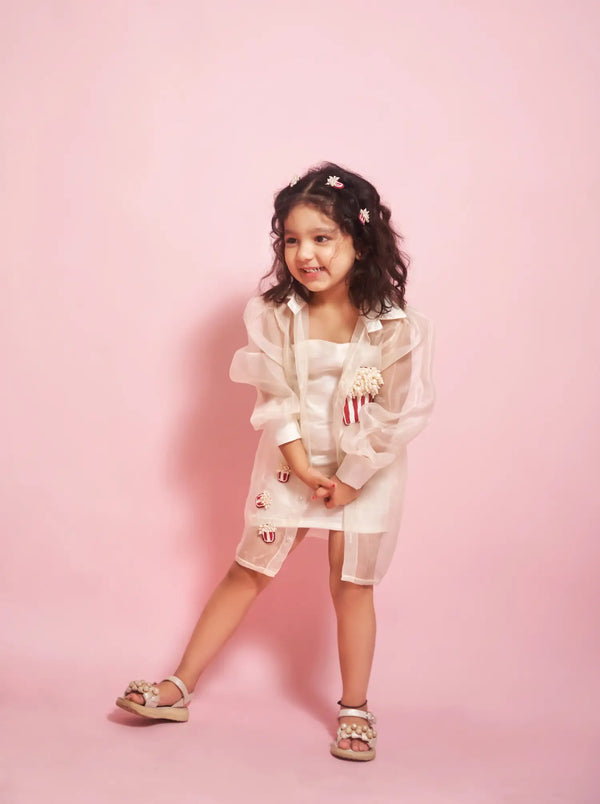 Puffed sleeve organza dress with popcorn hand embroidery