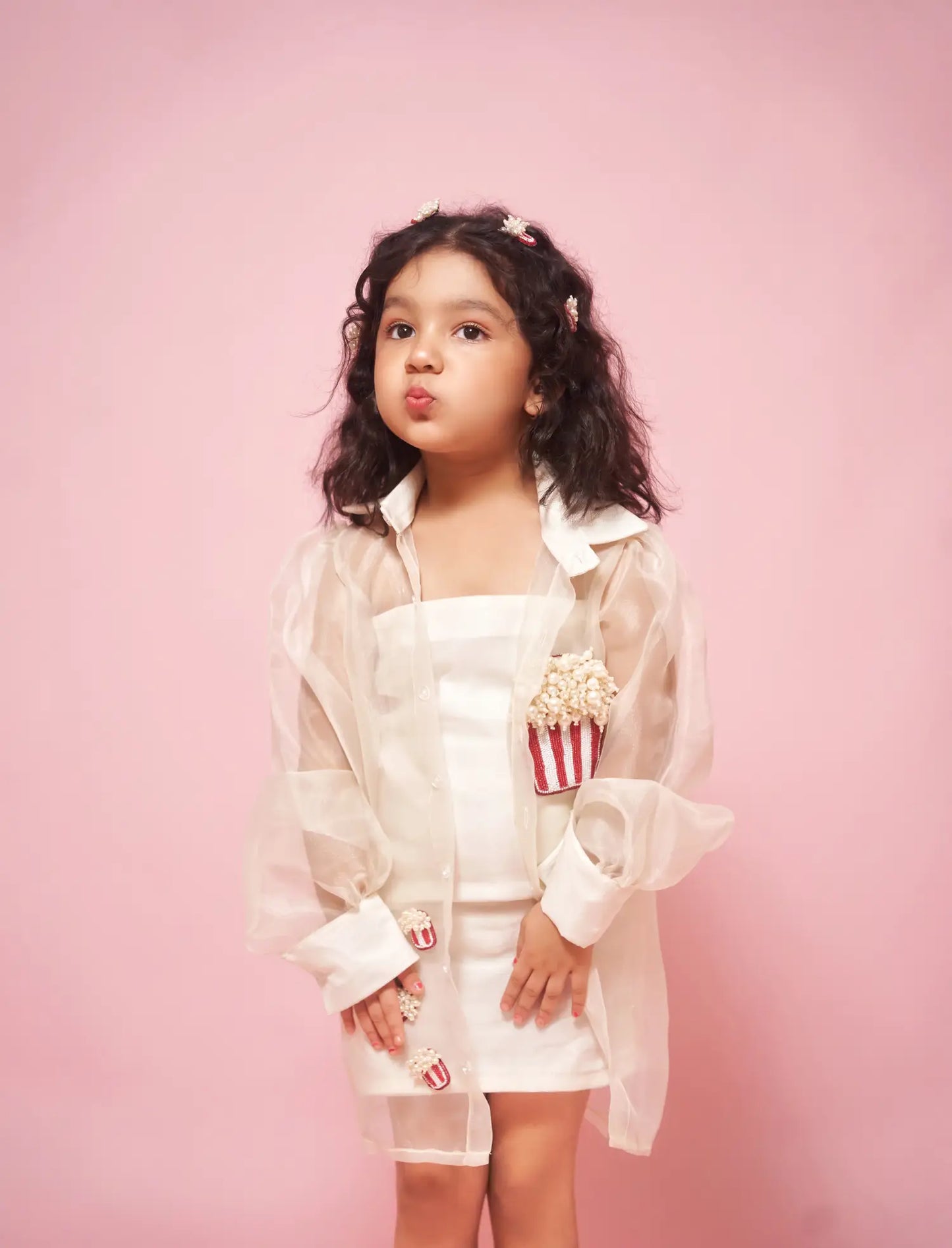 PUFFED SLEEVE ORGANZA DRESS WITH POPCORN HAND EMBROIDERY