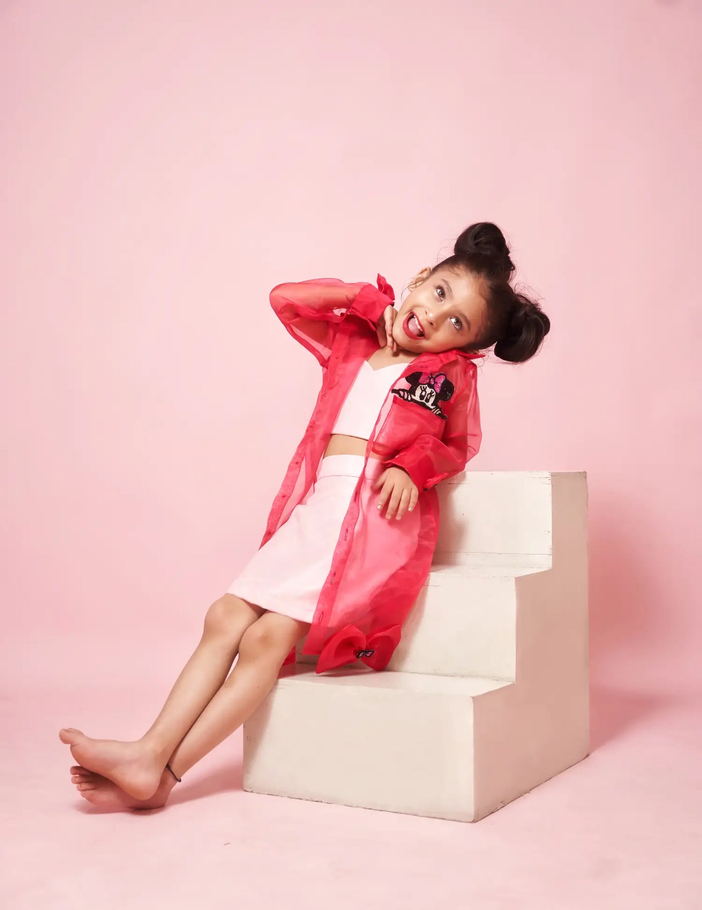 FULL-SLEEVES ORGANZA DRESS WITH HANGING BOWS AND MINNIE MOUSE PATCHWORK