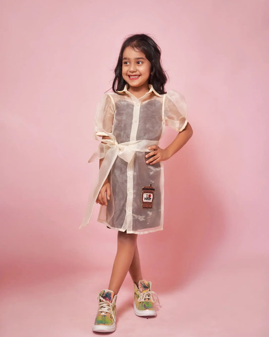 Short puffed sleeves organza dress with coffee patchwork and detachable belt