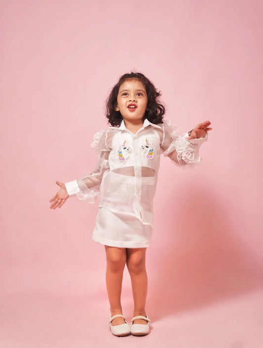 ORGANZA DRESS WITH RUFFLE SLEEVES AND UNICORN PATCHWORK