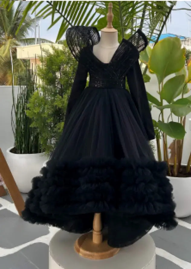 BLACK HIGH LOW HEAVY RUFFLE PIECE FULL SLEEVE , WITH WIRED DRAPE