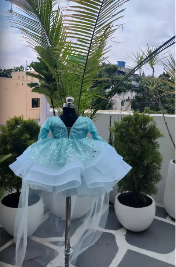 SEQUIN WITH PEARL , FULL SLEEVE PEPLUM DRESS WITH DETACHABLE TAIL