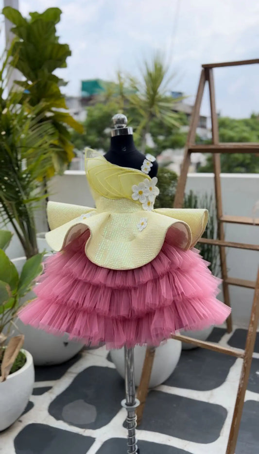 YELLOW & PINK ONE SHOULDER PEPLUM DRESS WITH RUFFLE SKIRT AND EMBROIDERED DAISIES