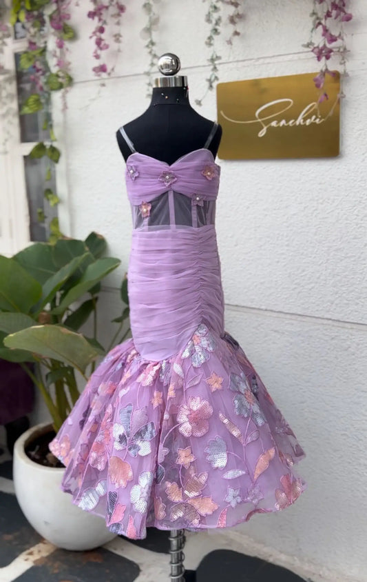 PURPLE RUCHED FLORAL BODYCON DRESS WITH CORSET STYLE BODICE