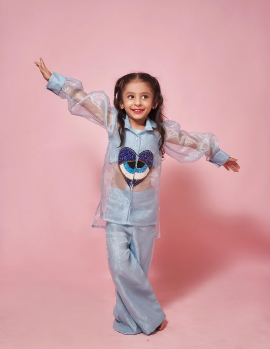 ORGANZA CO-ORD SET WITH HAND EMBROIDERED EVIL EYE PATCH AND TUBE INNER