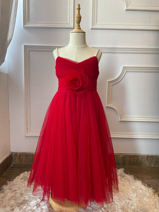 FULL LENGTH NET GOWN WITH ROSE BELT AND PEARLS STRAPS