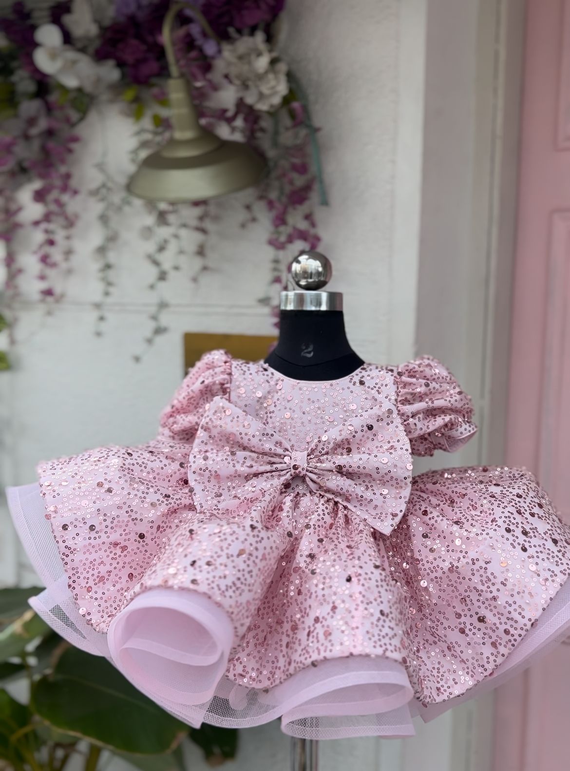 PEARL WITH SEQUINS DRESS WITH FAN BOW TOP