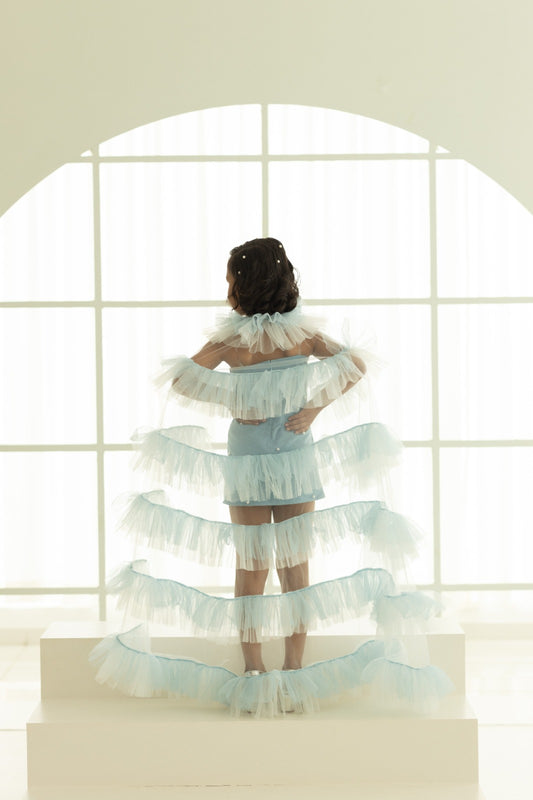2 IN 1, SHORT DRESS WITH DETACHABLE CAPE AND NECK BOW