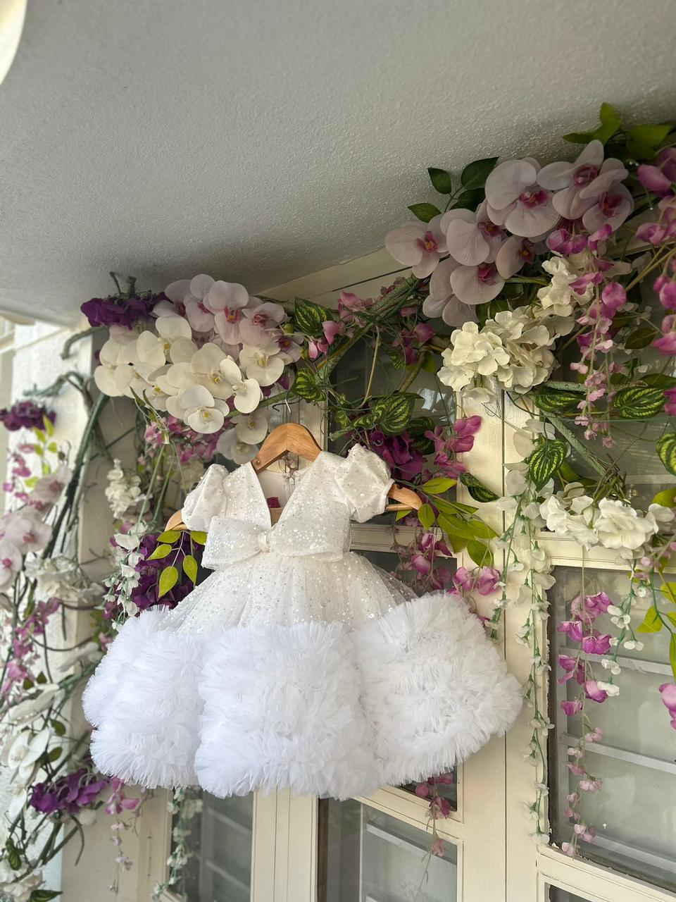 WHITE PEARL WITH SEQUINE DEEP V NECK BODY WITH RUFFELS SKIRT