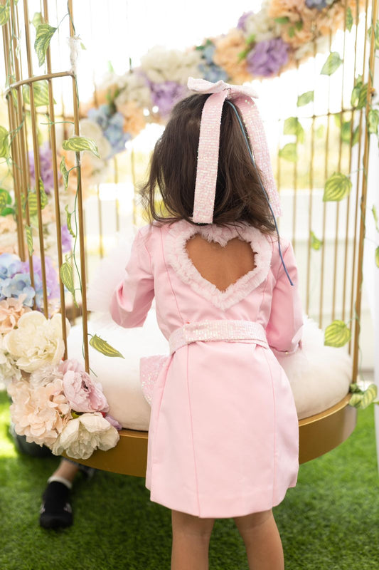 PINK BLAZER- SEQUINS LAPEL, RUFFLE SLEEVES, BACK CUTOUT AND DETACHABLE BELT & BOW