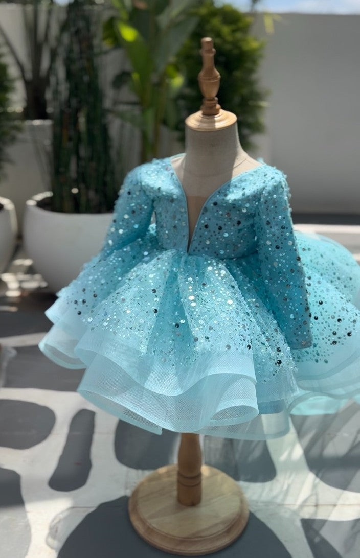 SEQUIN WITH PEARL , FULL SLEEVE PEPLUM DRESS WITH DETACHABLE TAIL