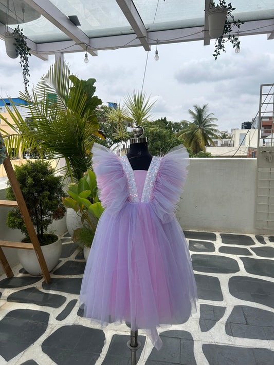 V NECK RUFFLE NECKLINE WITH FEATHERS AND TWO TONED TULLE SKIRT