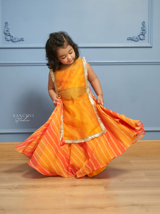 Orange Leheriya Organza Skirt Set for Girls