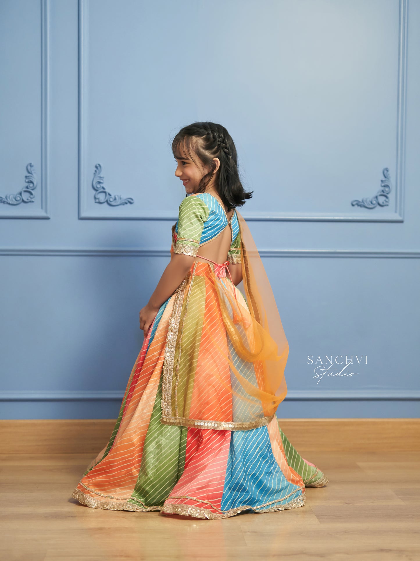 Traditional Rainbow Print Lehenga with Net Dupatta