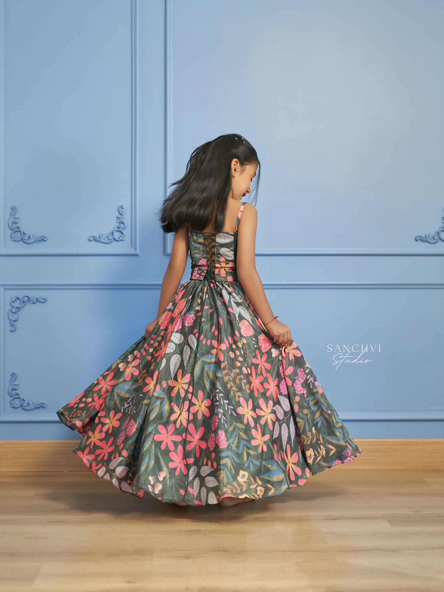 Floral Print Festive Long Frock for Girls