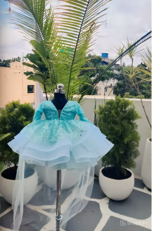 SKY BLUE SEQUIN WITH PEARL , FULL SLEEVE PEPLUM DRESS WITH DETACHABLE TAIL