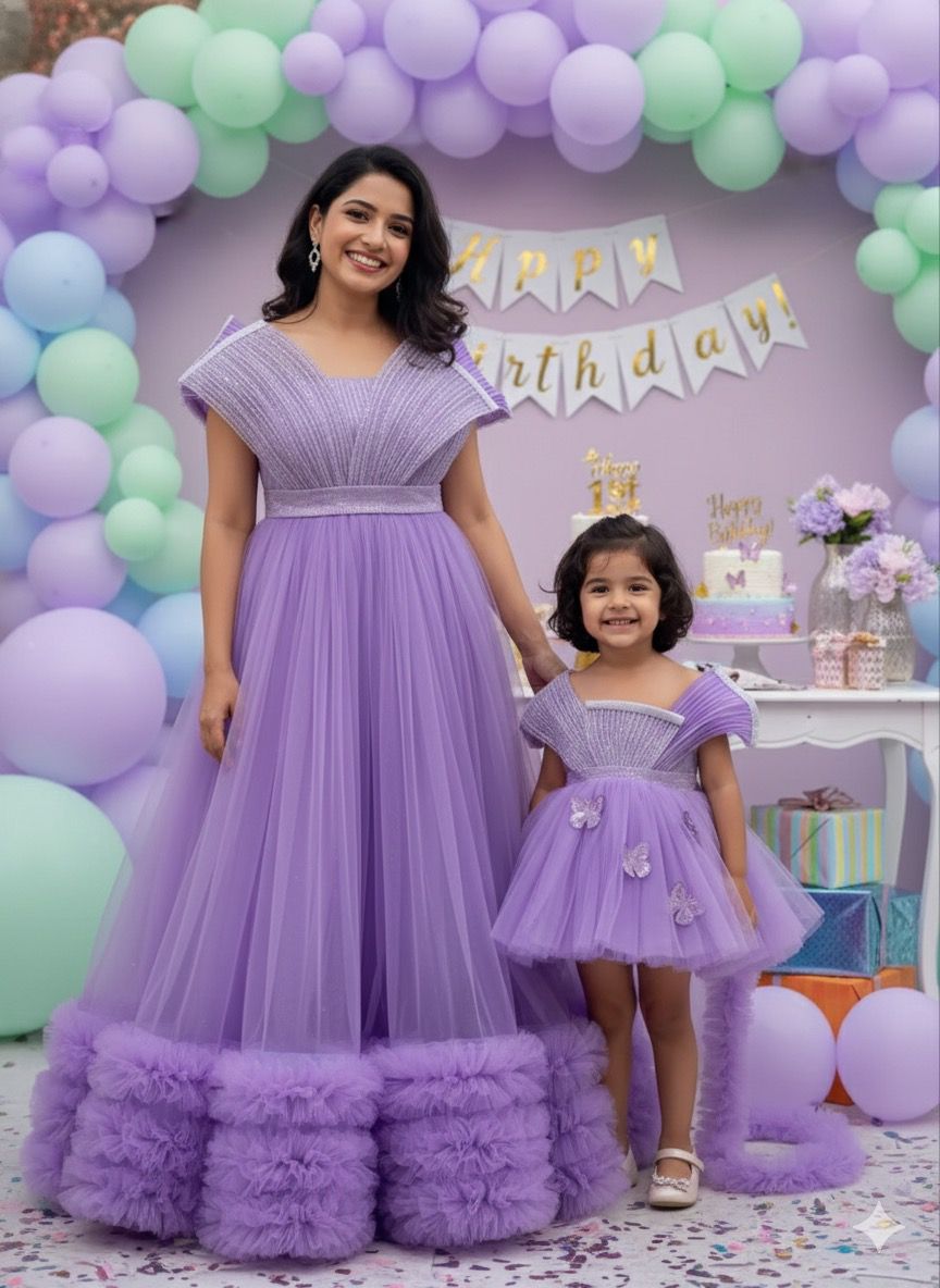Ganesh Chaturthi Special: Floral 1st Birthday Dress for Baby Girl and Mother