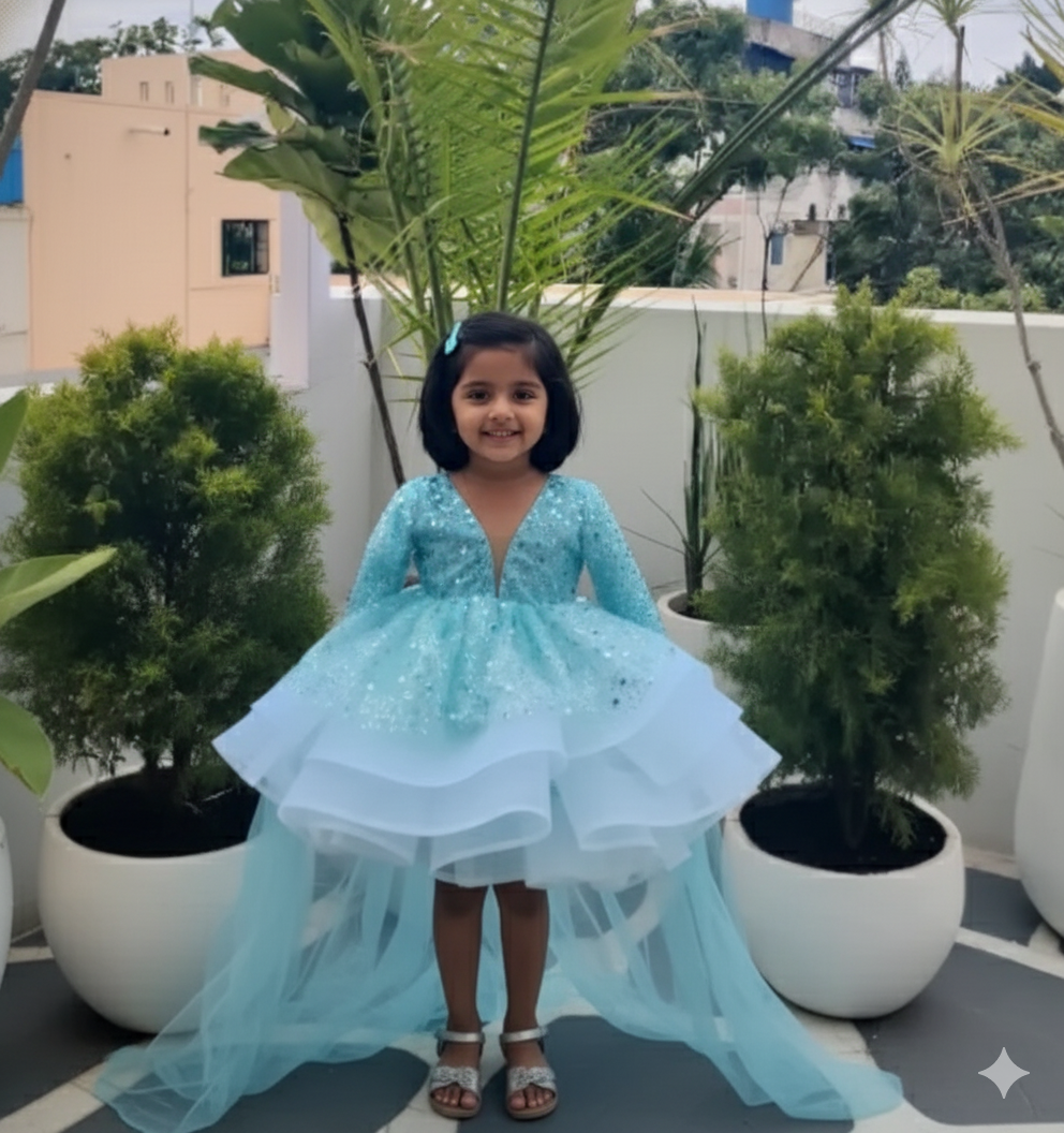 SKY BLUE SEQUIN WITH PEARL , FULL SLEEVE PEPLUM DRESS WITH DETACHABLE TAIL