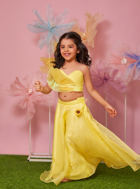 YELLOW DRAPED BLOUSE WITH PALAZZO AND SUNFLOWER HANGINGS
