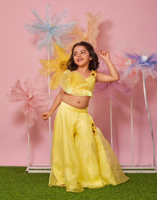 YELLOW DRAPED BLOUSE WITH PALAZZO AND SUNFLOWER HANGINGS