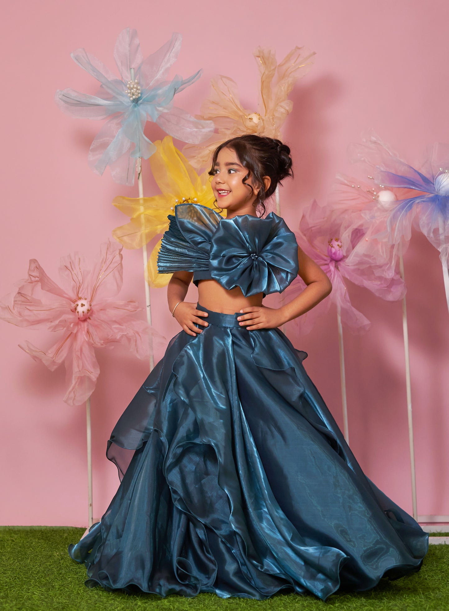 TEAL BLUE PICO SKIRT WITH PETAL AND FLOWER
