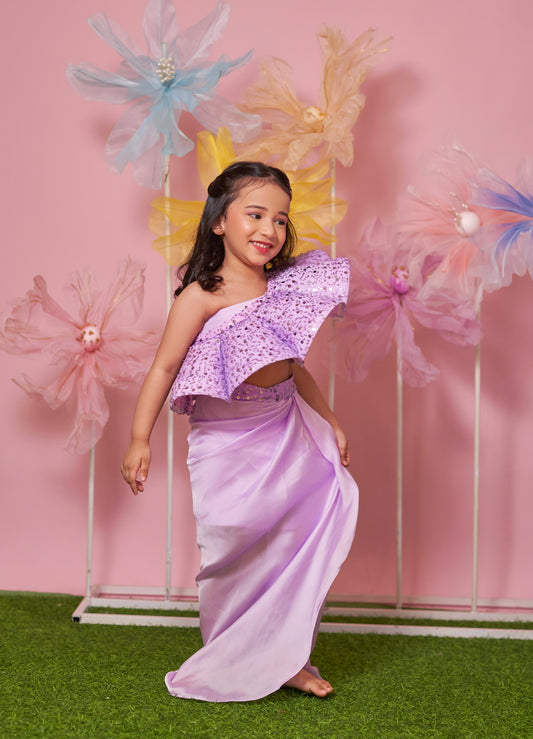 ONE SHOULDER SCALLOP WITH DRAPED SKIRT