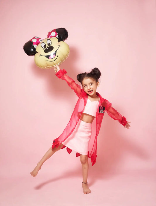 Full sleeves organza dress with hanging bows and Minnie patchwork