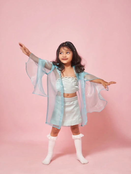 Simple organza dress with flared sleeves with pearl embroidered seashell blouse