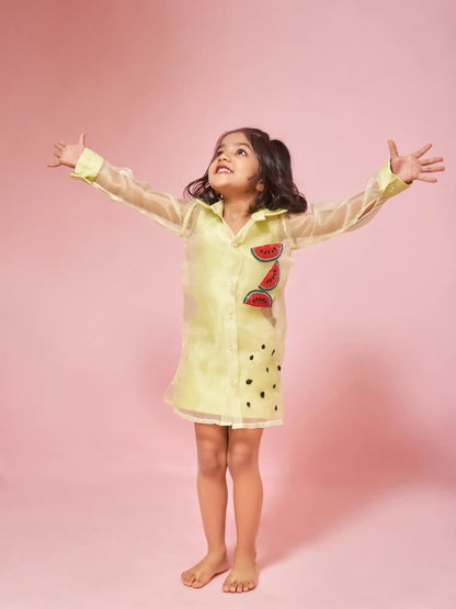 ORGANZA DRESS WITH MELON PATCHWORK AND CUTOUT A-LINE DRESS