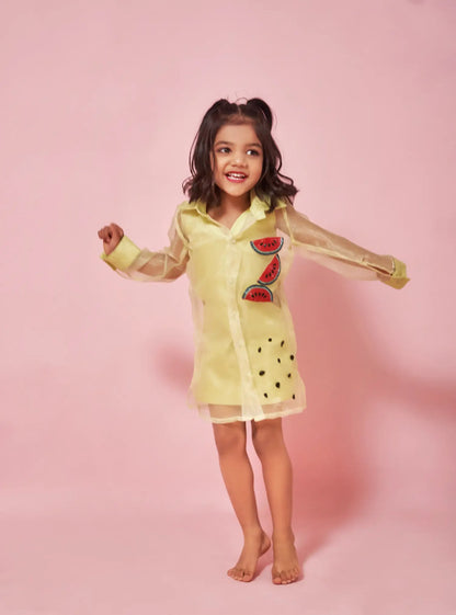 ORGANZA DRESS WITH MELON PATCHWORK AND CUTOUT A-LINE DRESS