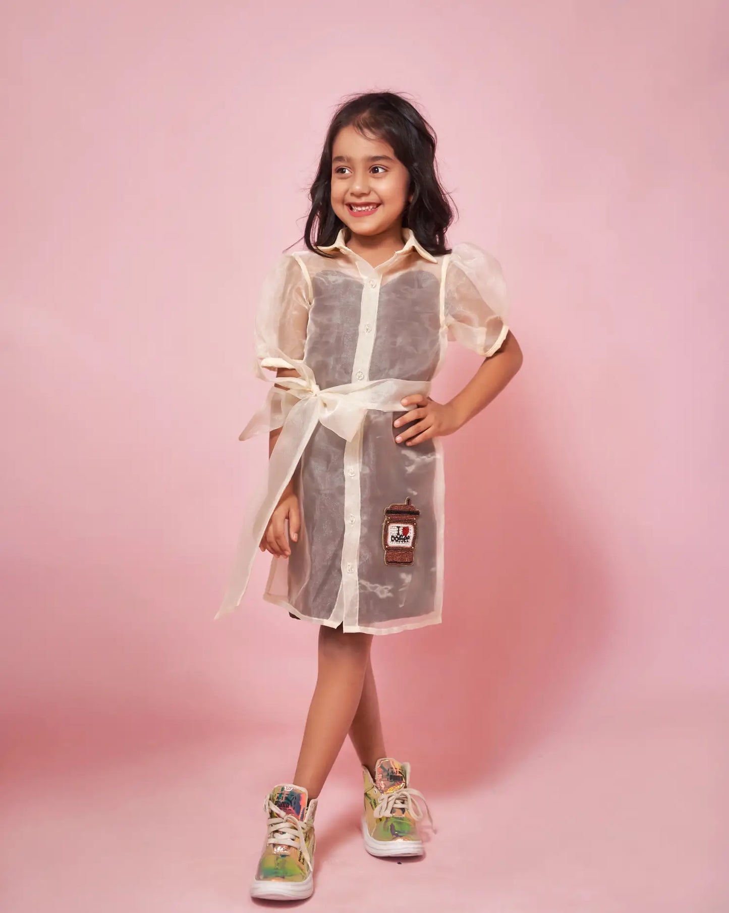 Short puffed sleeves organza dress with coffee patchwork and detachable belt