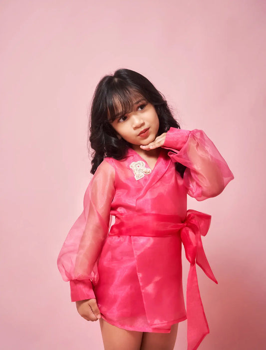 Overlapping organza dress with full sleeves and letter embroidery on the lapels and a detachable belt