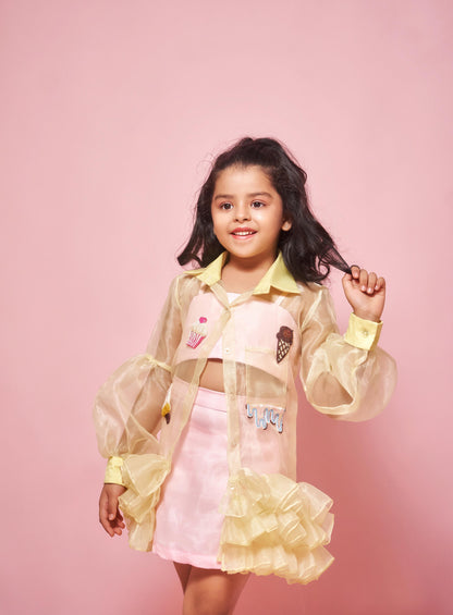 ORGANZA JACKET WITH HAND EMBROIDERED PATCHES AND RUFFLES (TUBE AND SKIRT INCLUDED)