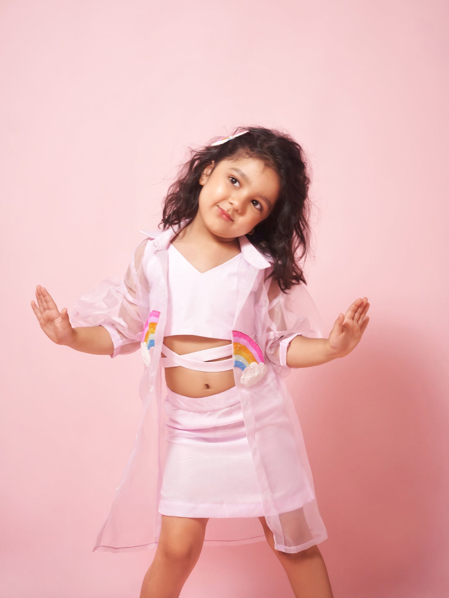 QUARTER-LENGTH PUFF SLEEVES ORGANZA DRESS WITH RAINBOW PATCHWORK AND CRISS-CROSS TUBE INNER