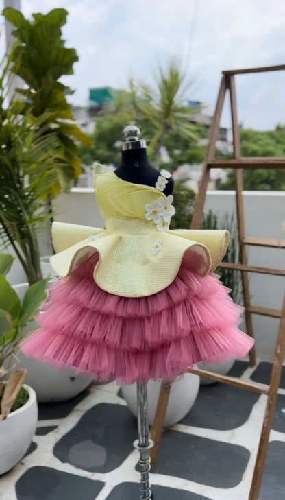 YELLOW & PINK ONE SHOULDER PEPLUM DRESS WITH RUFFLE SKIRT AND EMBROIDERED DAISIES