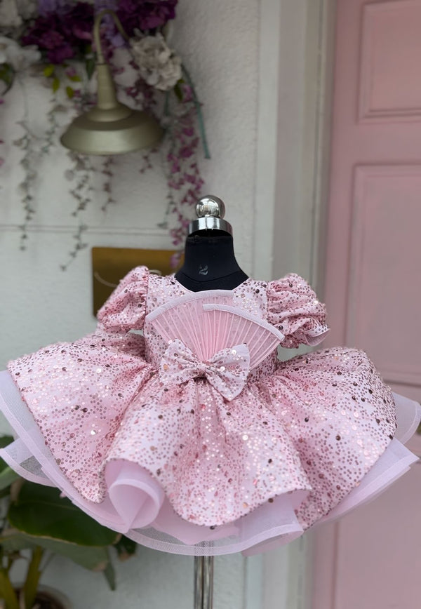 PEARL WITH SEQUINS DRESS WITH FAN BOW TOP