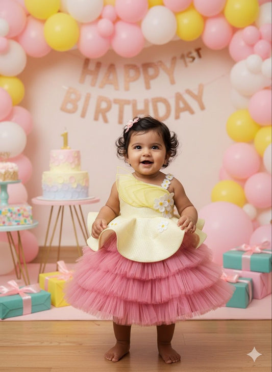 YELLOW & PINK ONE SHOULDER PEPLUM DRESS WITH RUFFLE SKIRT AND EMBROIDERED DAISIES