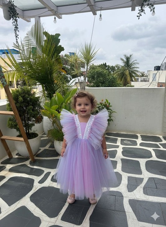 V NECK RUFFLE NECKLINE WITH FEATHERS AND TWO TONED TULLE SKIRT